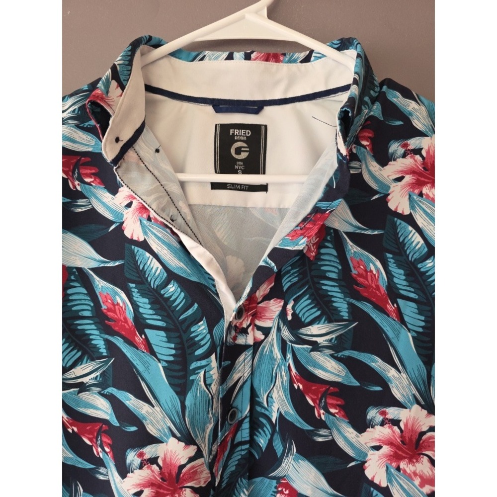 Fried Denim Mens Slim Fit Tropical Floral Palm Print Button Down Shirt Small S